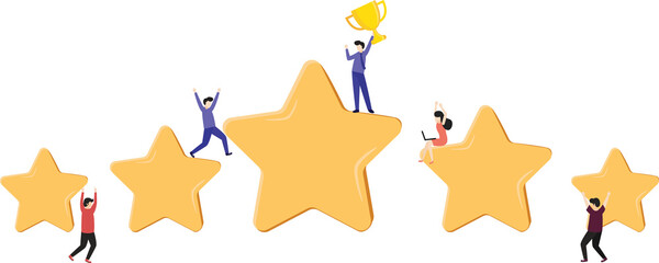 Customer review rating. Man and woman customer giving star rating, Customer Review.Positive online feedback.