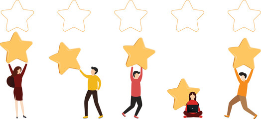 Customer review rating. Man and woman customer giving star rating, Customer Review.Positive online feedback.