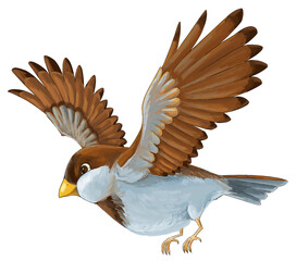 Cartoon exotic colorful bird flying isolated illustration for children