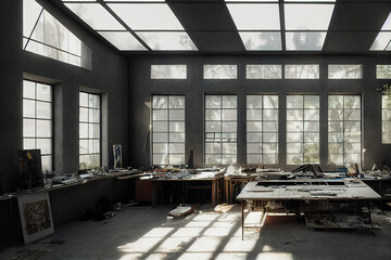 Art studio interior, loft apartment interior, 3d render, 3d illustration