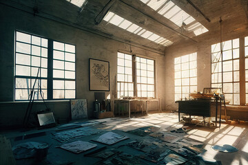 Art studio interior, loft apartment interior, 3d render, 3d illustration