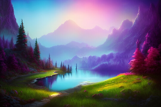 Vibrant landscape with misty mountains and forest surrounding a beautiful lake. Digital illustration.