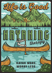 Kayaking sport poster. Rafting on kayak on the river among the mountains