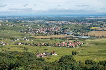Fototapeta na wymiar view from notre dame du Schauenberg to the Alsace region and village Pfaffenheim, France