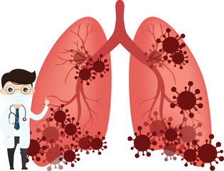 Coronavirus COVID-19. Doctor talks about virus. Infected lungs. Doctor and vaccine and virus.