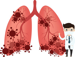 Coronavirus COVID-19. Doctor talks about virus. Infected lungs. Doctor and vaccine and virus.