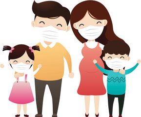Family in medical masks. Family is protecting their children and them from virus COVID-19 and are wearing masks and stop the spread of viruses.