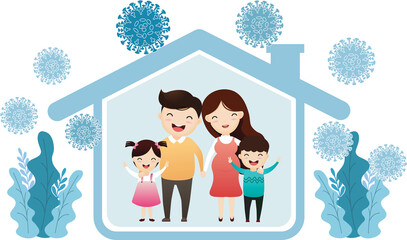 Happy family stay at home. People maintain quarantine to prevent spreading infection. Healthy lifestyle and corona virus COVID-19 global epidemic concept