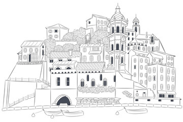 Black and white drawing of the Italian village Vernazza isolated on a white background. - obrazy, fototapety, plakaty
