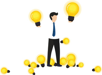 Businessman standing at golden stacks of idea and holding idea.