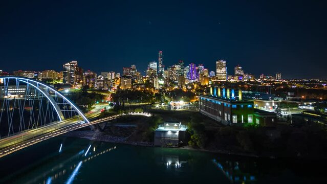 Walterdale Bridge and Edmonton skyline at night, Drone Hyperlapse
