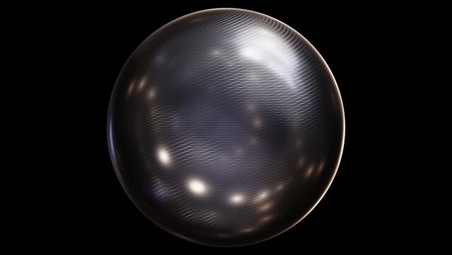 Realistic looping 3D animation of the spinning carbon fiber sphere rendered in UHD with alpha matte
