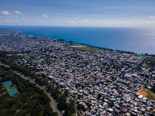 Beautiful aerial view of the City of San Domingo, its buildings and Caribbean ocean, in Dominican Republic