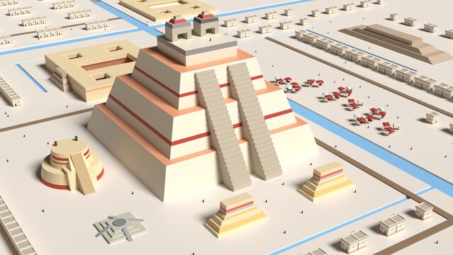 Mexico tenochtitlan pyramid aztec 3d representation (templo mayor), can be used to represent a pre columbian mesoamerican culture, archaeology, lost city