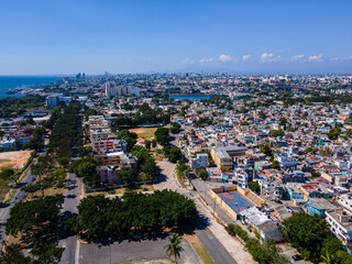 Beautiful aerial view of the City of San Domingo, its buildings and Caribbean ocean, in Dominican...
