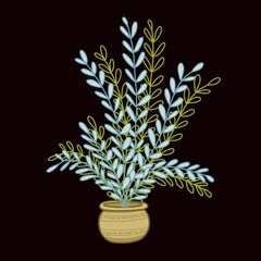 Hand drawn doodle vintage inspired potted fern plant with leafy branches isolated black background in mint olive colors