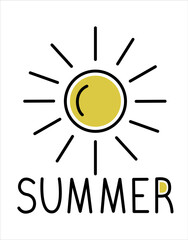Vector black line hand drawn logo yellow sun with black outline and direct rays with word summer. Summer, vacation theme.