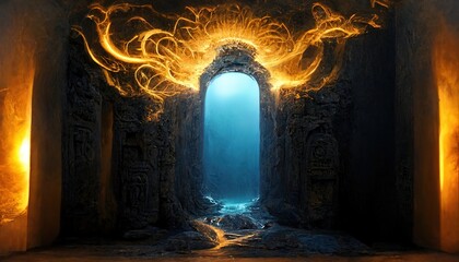 Two portals located opposite each other with magical symbols in a mountain cave. the first portal with a bright yellow glow and the second portal with a blue glow. 3d render, - obrazy, fototapety, plakaty