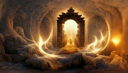 Two portals located opposite each other with magical symbols in a mountain cave. the first portal with a bright yellow glow and the second portal with a blue glow. 3d render,
