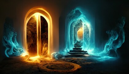 Two portals located opposite each other with magical symbols in a mountain cave. the first portal with a bright yellow glow and the second portal with a blue glow. 3d render,