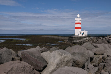 Fototapeta na wymiar Old Gardur Lighthouse located in Keflavik, Iceland