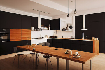 Interior of a modern luxury kitchen, wooden countertop worktop, 3d render, 3d illustration