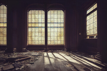 Interior of a beautiful abandoned victorian library, architecture background, 3d render, 3d illustration