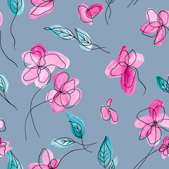 Watercolor pink flowers with leaf blossom - seamless pattern painting on blue background