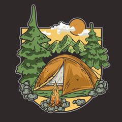 Outdoor wild camping print. Mountains adventure. Wanderlust summer forest explore