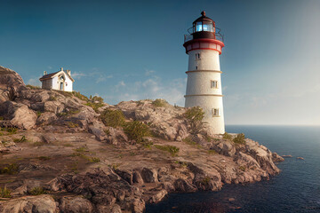 Fototapeta na wymiar Lighthouse standing on a cliff next to the ocean, beautiful landscape background, 3d render, 3d illustration