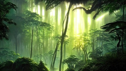 Fototapeta premium Magical dark fairy tale forest, neon sunset, rays of light through the trees. Fantasy forest landscape. Unreal world, moss. 3D illustration.
