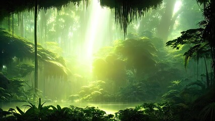 Fototapeta premium Magical dark fairy tale forest, neon sunset, rays of light through the trees. Fantasy forest landscape. Unreal world, moss. 3D illustration.