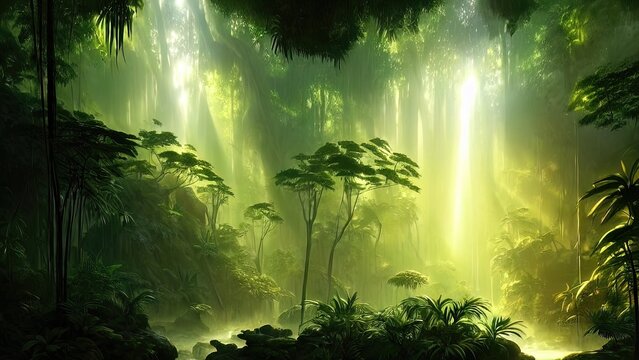 Magical dark fairy tale forest, neon sunset, rays of light through the trees. Fantasy forest landscape. Unreal world, moss. 3D illustration. © MiaStendal