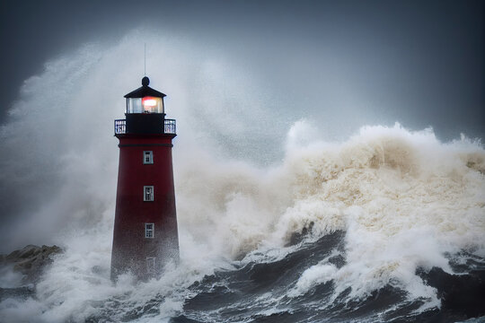 Lighthouse in a storm, waves attacking the tower, 3d render, 3d illustration