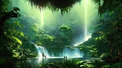 Magical dark fairy tale forest, neon sunset, rays of light through the trees. Fantasy forest landscape. Unreal world, moss. 3D illustration.