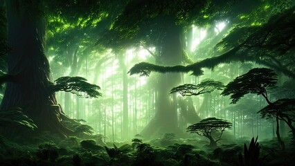 Obraz premium Magical dark fairy tale forest, neon sunset, rays of light through the trees. Fantasy forest landscape. Unreal world, moss. 3D illustration.