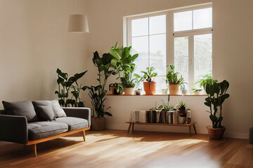 Interior of a bright living room with many green plants, 3d render, 3d illustration