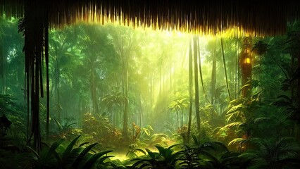 Magical dark fairy tale forest, neon sunset, rays of light through the trees. Fantasy forest landscape. Unreal world, moss. 3D illustration.