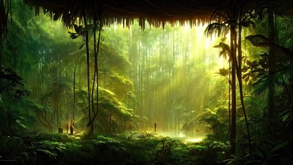 Naklejka na ściany i meble Magical dark fairy tale forest, neon sunset, rays of light through the trees. Fantasy forest landscape. Unreal world, moss. 3D illustration.