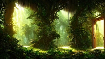 Fototapeta na wymiar Magical dark fairy tale forest, neon sunset, rays of light through the trees. Fantasy forest landscape. Unreal world, moss. 3D illustration.