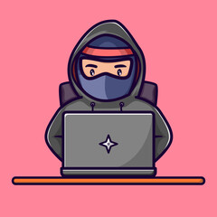 hacker ninja with laptop vector cartoon illustration - obrazy, fototapety, plakaty