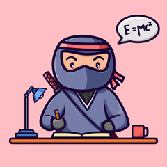 Cute ninja learning and writing on a book vector cartoon illustration
