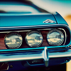 Old american fantasy muscle car with three headlights
