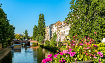 Fototapeta premium View of the old town of Strasbourg with flowers in Alsace, France