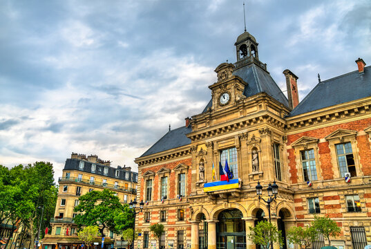 City hall of XIX arrondissement with Ukrainian Flags in Paris, France