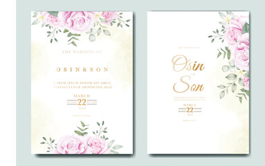 Fototapeta na wymiar Wedding invitation card template set with beautiful floral leaves 