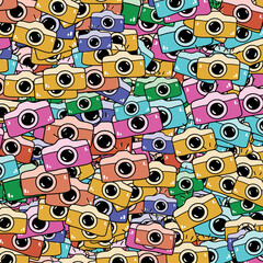 Squared banner with many colorful cameras doodle style, vector illustration. Decorative bright design for background or print, retro technique for making shots
