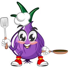 vector illustration of cartoon character of onion carrying a spatula and frying pan
