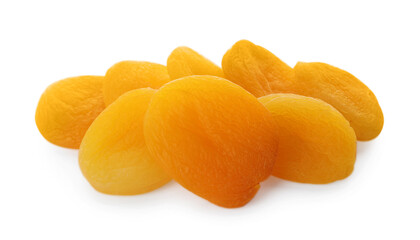 Pile of tasty apricots on white background. Dried fruits