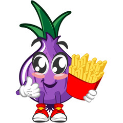 vector illustration of cartoon character of onion carrying french fries